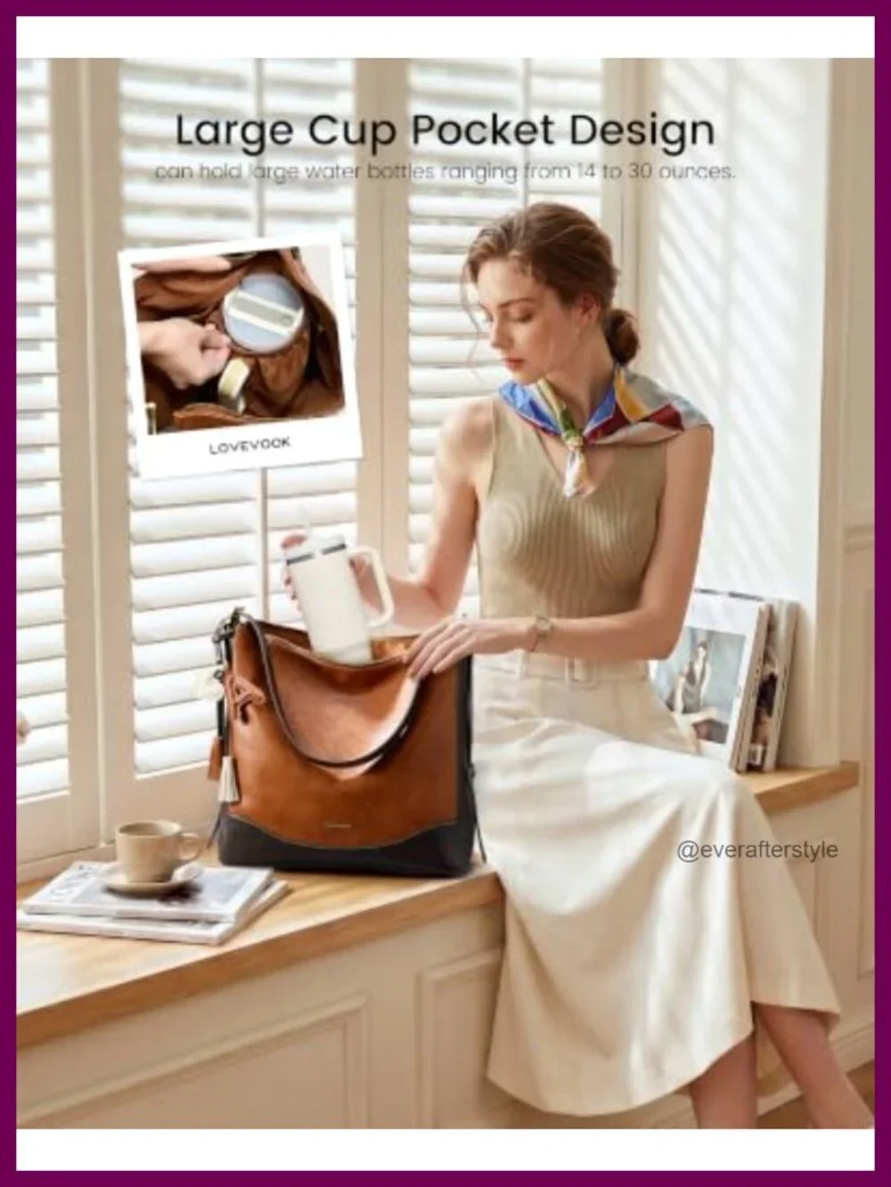 Vegan Leather Hobo Bag with Cup Holder - Crossbody Shoulder Purse